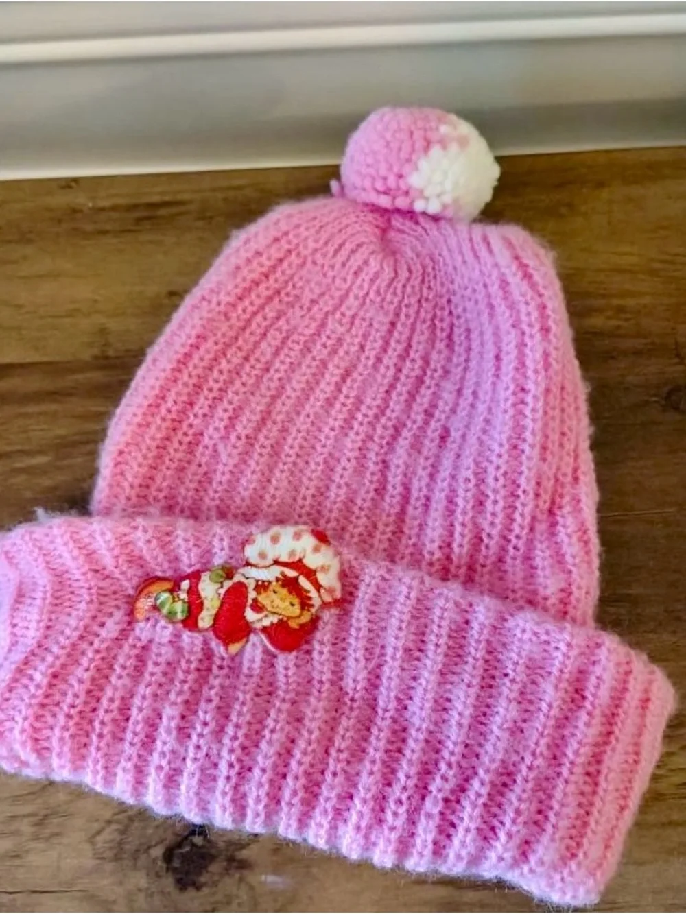 Vtg 80s Knit Strawberry Shortcake Beanie Pom Pom Sock Hat Pink
